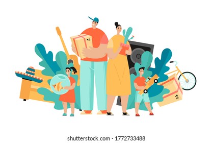 Conceptual illustration moving to a new house with a happy family with furniture, boxes and household items. Cartoon characters in a flat style.
