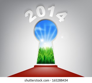 A conceptual illustration of a New Year 2014 keyhole entrance opening onto a field of lush green grass. Concept for a new life or opportunity in the new year