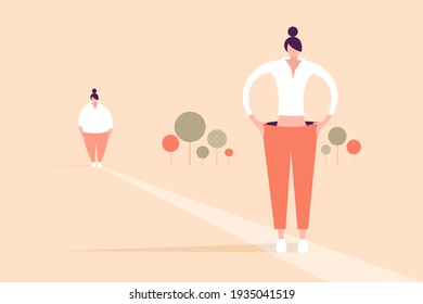 Conceptual illustration of a obese woman becoming a slim fit woman. Concept for weight loss