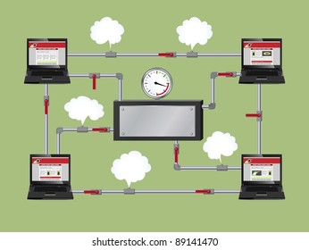 Conceptual illustration of office network. Computers are connected among themselves by water pipes
