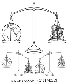 Conceptual illustration on environmental theme, representing Earth weighted on scales against money. It is in 3 versions.
