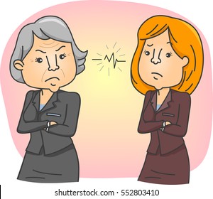 Conceptual Illustration On Generation Gap Featuring A Tense Situation Between A Younger Woman And An Elderly One