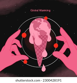 Conceptual Illustration on Global Warming - Melting Earth and Space Planets like Ice Cream