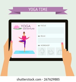 conceptual illustration on the practice of yoga theme with hands holding digital tablet and pointing on screen, isolated on soft colored background with slogan for use in design