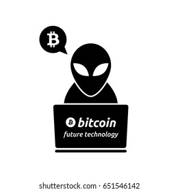 Conceptual illustration on the technology of the future, alien using electronic payments with bitcoins, vector simple icon.