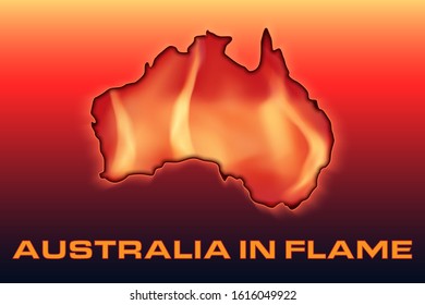 Conceptual illustration on the theme of fires in Australia. Continent of Australia is on fire. Country Shape Flames. Vector Illustration