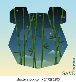 conceptual illustration on the theme of protection of nature and animals with bamboo on the night sky background in silhouette of panda head for use in design for card, invitation, poster or placard
