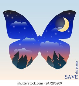 conceptual illustration on the theme of protection of nature and animals with night forest with sunset sky and moon in silhouette of butterfly for use in design for card, invitation, poster or placard