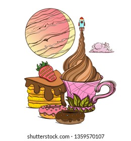 Conceptual illustration on the theme of space travel. Flying in the space shuttle. Design for t-shirts, gifts, promotional leaflets and feature articles about space.