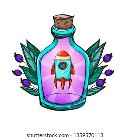 Conceptual illustration on the theme of space travel. Flying in the space shuttle. Design for t-shirts, gifts, promotional leaflets and feature articles about space.