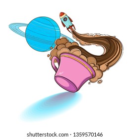 Conceptual illustration on the theme of space travel. Flying in the space shuttle. Design for t-shirts, gifts, promotional leaflets and feature articles about space.