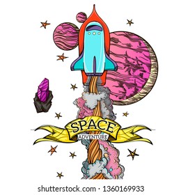 Conceptual illustration on the theme of space travel. Flying in the space shuttle. Design for t-shirts, gifts, promotional leaflets and feature articles about space.