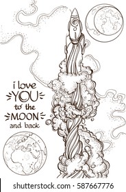 Conceptual illustration on the theme of space travel. Flying in the space shuttle. Design for t-shirts, gifts, promotional leaflets and feature articles about space.