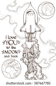 Conceptual illustration on the theme of space travel. Flying in the space shuttle. Design for t-shirts, gifts, promotional leaflets and feature articles about space.