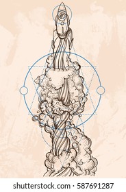 Conceptual illustration on the theme of space travel. Flying in the space shuttle. Design for t-shirts, gifts, promotional leaflets and feature articles about space.