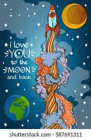 Conceptual illustration on the theme of space travel. Flying in the space shuttle. Design for t-shirts, gifts, promotional leaflets and feature articles about space.