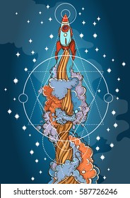 Conceptual illustration on the theme of space travel. Flying in the space shuttle. Design for t-shirts, gifts, promotional leaflets and feature articles about space.