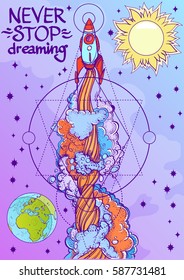 Conceptual illustration on the theme of space travel. Flying in the space shuttle. Design for t-shirts, gifts, promotional leaflets and feature articles about space.