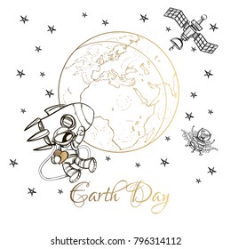 Conceptual illustration on the theme of space travel. Flying in the space shuttle. Design for t-shirts, gifts, promotional leaflets and feature articles about space.
