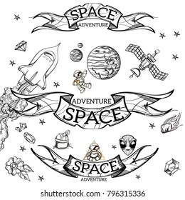 Conceptual illustration on the theme of space travel. Flying in the space shuttle. Design for t-shirts, gifts, promotional leaflets and feature articles about space.