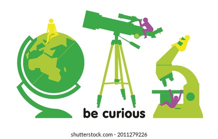 a conceptual illustration on the topic of school and education. The figures of children and teenagers are depicted among the attributes of education, such as a globe, a microscope, a telescope