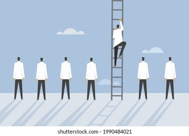 Conceptual illustration of one person climbing up a ladder white others are standing