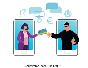 Conceptual illustration of online fraud, cyber crime, data hacking. A woman on the phone screen and the scammer stealing a bank card. Flat vector illustration