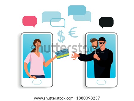 Conceptual illustration of online fraud, cyber crime, data hacking. A woman on the phone screen and the scammer stealing a bank card. Flat vector illustration