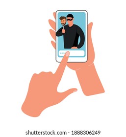 Conceptual Illustration Of Online Fraud, Cybercrime, Data Hacking. Fraudster On The Phone Screen, Hands Are Holding The Phone. Flat Vector Illustration.