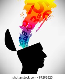 Conceptual Illustration of a open minded man. Human-computer. The figures emerge from an open head