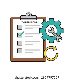 Conceptual illustration of IT operations management, including a checklist, gears, wrench, and refresh symbol, representing maintenance and workflow.