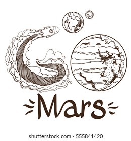 Conceptual illustration of the outline for coloring on the theme of space flight to Mars. Shattel and planets. Design for t-shirts, gifts, promotional leaflets and feature articles about space.