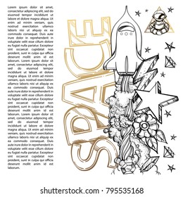 Conceptual illustration of the outline for coloring on the theme of space travel. Shattel.