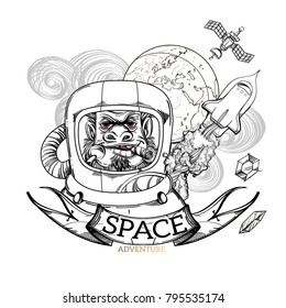 Conceptual illustration of the outline for coloring on the theme of space travel. Shattel and astronaut.