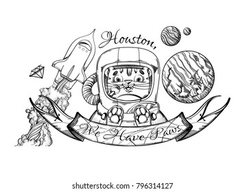 Conceptual illustration of the outline for coloring on the theme of space travel. Cat Astronaut.
