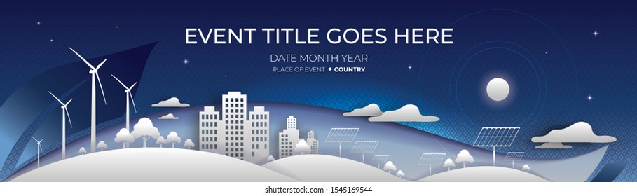 A conceptual illustration of paper-cut-style background of a backdrop design regarding alternative energy, renewable energy, event backdrop design.