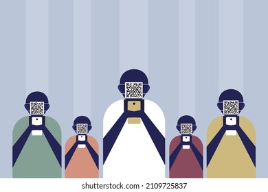 Conceptual illustration of people with QR coded faces looking at mobile phones