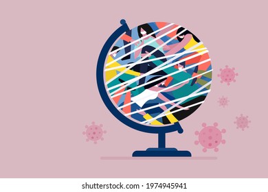 Conceptual illustration of people wearing mask are tied together in a globe . A concept of social life at the time of Covid -19 pandemic