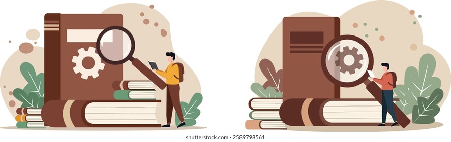 Conceptual illustration of a person analyzing a large book with a magnifying glass, symbolizing research, education, knowledge exploration, and learning in an academic or professional setting
