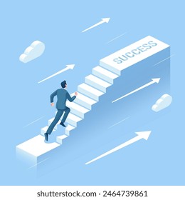 Conceptual illustration of a person climbing stairway towards the sky, symbolizing career growth and aspirations, with upward arrows for motivation. Isometric vector illustration