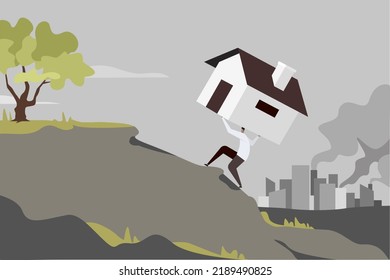 Conceptual illustration of a person, coming from a polluted city, climbing a hill carrying his home on his head.