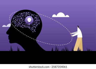 Conceptual illustration of a person extracting knowledge, intelligence and ideas from a human brain