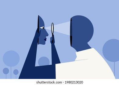 Conceptual illustration of a person holding a section of his face and looking in to his brain through a magnifying glass