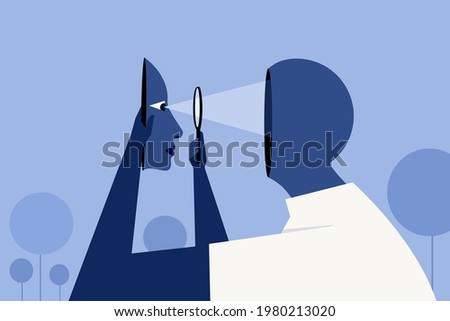 Conceptual illustration of a person holding a section of his face and looking in to his brain through a magnifying glass Imagine de stoc © 