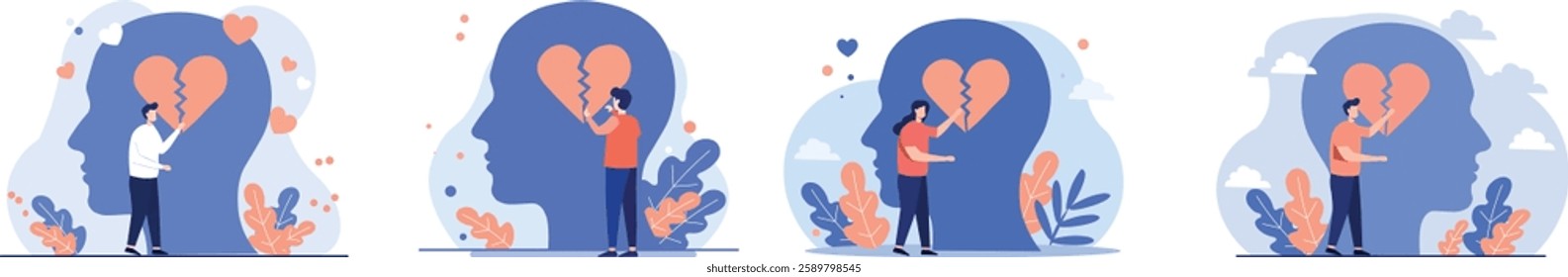 Conceptual illustration of a person interacting with a broken heart inside a human head silhouette, symbolizing emotional pain, heartbreak, mental health struggles, self-reflection, and healing