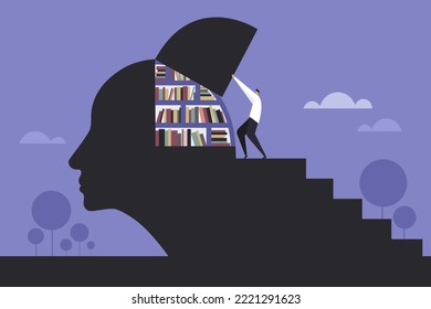 Conceptual illustration of a person opening a human brain filled with books