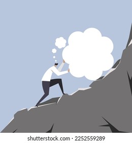 Conceptual illustration of a person pushing his thoughts uphill.