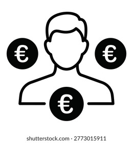Conceptual illustration of a person surrounded by euro currency symbols representing financial transactions or income icon