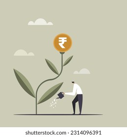 Conceptual illustration of a person watering a plant flowered with Rupee coin