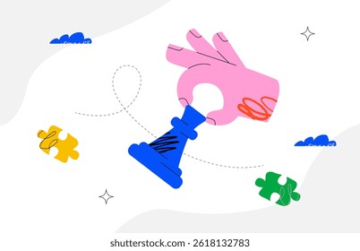 Conceptual illustration with a pink hand holding a blue chess rook, surrounded by colorful puzzle pieces and abstract shapes on a white background. A metaphor for strategy and problem solving.